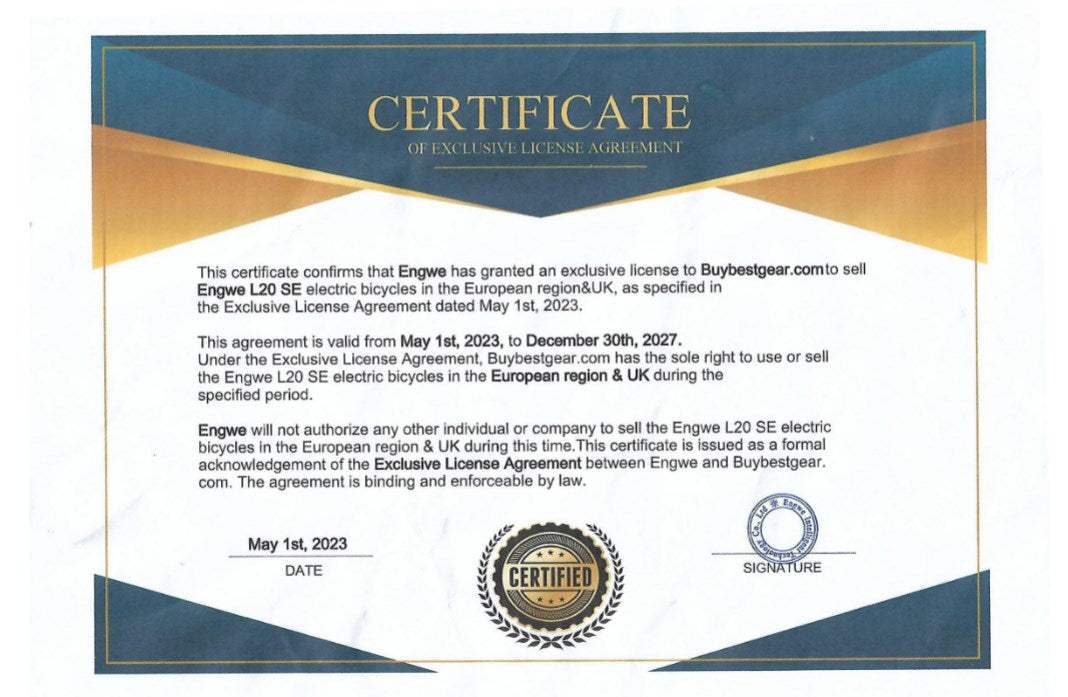 Exclusive License Agreement for Engwe L20 SE Electric Bike - Buybestgear