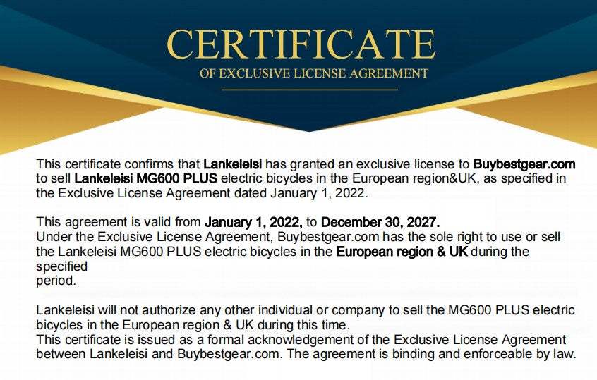 Exclusive License Agreement for Lankeleisi MG600 PLUS Electric Bicycles - Buybestgear