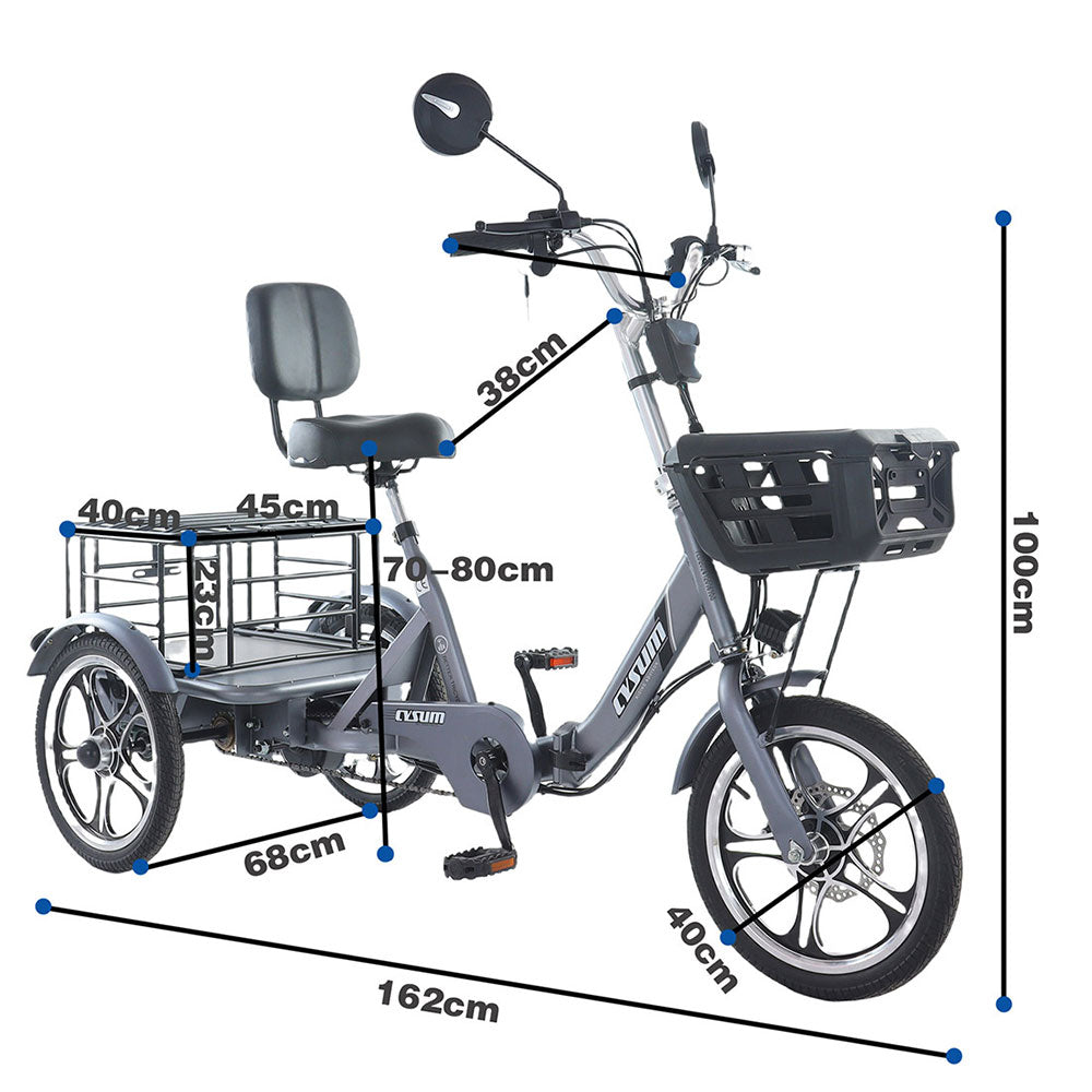 Cysum T1 250W 16" Electric Cargo Tricycle 576Wh E-Bike 48V 12Ah Battery