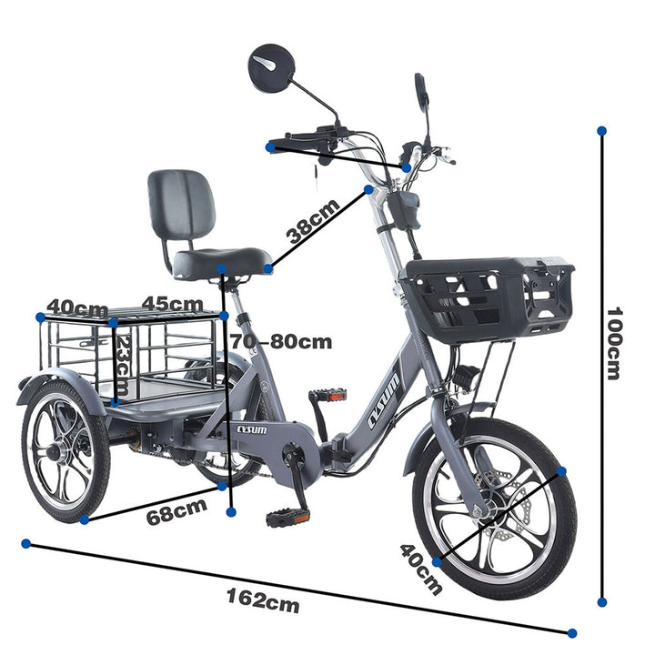 Cysum T1 250W 16" Electric Cargo Tricycle 576Wh E-Bike 48V 12Ah Battery